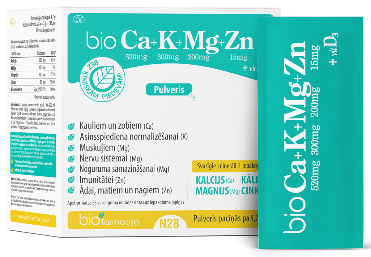 BIOFARMACIJA Bio CA+K+MG+ZN ar D3 vit. pulveris, 28 gab. Piegāde visā