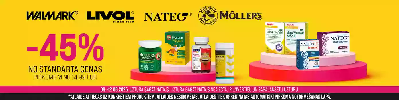 Uztura bagātinātāju zīmoliem Walmark  Livol  Nateo  Mōlllers - 45%