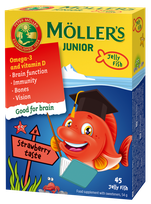 MOLLERS JUNIOR (zemeņu garša) želejas zivtiņas, 45 gab.