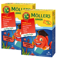 MOLLERS JUNIOR (zemeņu garša)  (1+1) želejas zivtiņas, 45 gab.