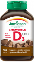 JAMIESON Vitamin D 1000 IU (25 µg) Chocolat košļājamās tabletes, 100 gab.