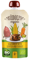RŪDOLFS Овощи, Чечевица, Индейка БИО 6+ пюре, 110 г