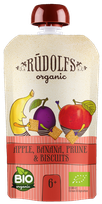 RŪDOLFS Яблок, Банан, Чернослива С Печеньем Органическое 6+ пюре, 110 г