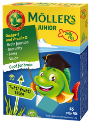 MOLLERS Junior vaisių skonio, žuvų taukų guminukai-žuvytės, 45 vnt.
