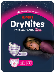HUGGIES DryNites Teen girl 13+, 49-60kg biksītes, 9 gab.