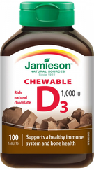 JAMIESON Vitamin D 1000 IU (25 µg) Chocolat košļājamās tabletes, 100 gab.