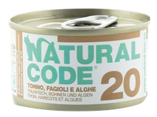 NATURAL CODE 20 Tuncis, Pupiņas Un Aļģes konservi kaķiem, 85 g