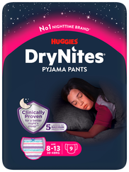 HUGGIES  DryNites Meitenēm 8-13 gadi autiņbiksītes, 9 gab.