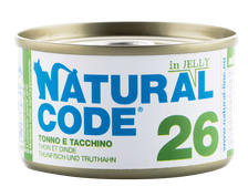 NATURAL CODE 26 Tuncis Un Tītars konservi kaķiem, 85 g