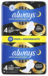 ALWAYS Ultra Secure Night higiēniskās paketes, 12 gab.