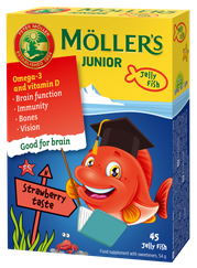 MOLLERS Junior Zivju Eļļa Zemeņu Garša želejas zivtiņas, 45 gab.
