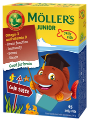 MOLLERS Junior Zivju Eļļa ar Kolas Garšu želejas zivtiņas, 45 gab.