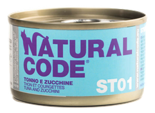 NATURAL CODE Steril 01 Tuncis Un Cukini konservi kaķiem, 85 g