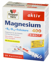 DOPPELHERZ Aktiv Magnesium 400 + B6 + B12 + Folsäure Direct paciņas, 20 gab.