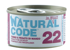 NATURAL CODE 22 Tuncis Un Liellopa Aknas konservi kaķiem, 85 g
