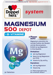 DOPPELHERZ System Magnesium 500 Depot + B vitamine tabletes, 30 gab.