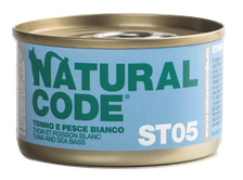 NATURAL CODE Steril 05 Tuncis, Jūras Asaris konservi kaķiem, 85 g