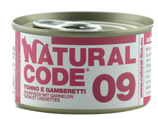 NATURAL CODE 09 Tuncis Un Garneles konservi kaķiem, 85 g