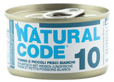 NATURAL CODE 10 Tuncis, Mazas Baltās Zivis konservi kaķiem, 85 g