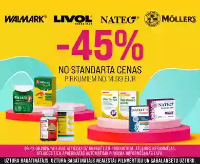 Uztura bagātinātāju zīmoliem Walmark  Livol  Nateo  Mōlllers - 45%