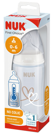 NUK First Choice+ Ar Temperatūras Kontroles Indikatoru Un Silikona Knupi, 300 Ml (0-6 Mēn.), M Izmēra Atvere (piena Maisījumiem), Polipropelēna pudelīte, 1 gab.