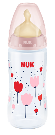 NUK First Choice+ Ar Temperatūras Kontroles Indikatoru Un Lateksa Knupi, 300 Ml (0-6 Mēn.), M Izmēra Atvere (piena Maisījumiem), Polipropelēna  pudelīte, 1 gab.