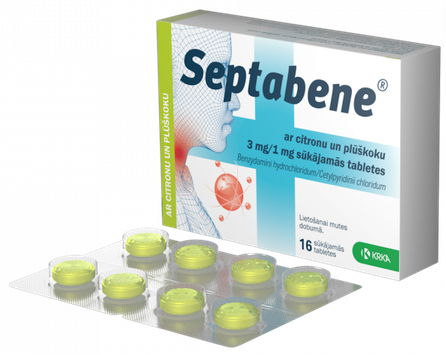 SEPTABENE ar citronu un plūškoku 3 mg/1 mg sūkājamās tabletes, 16 gab.