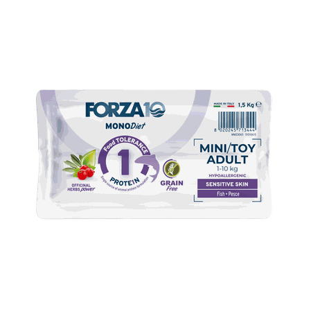 FORZA10 Monodiet Sensitive Skin Mini/Toy Adult Ar Zivi, Suņiem sausā barība, 1.5 kg