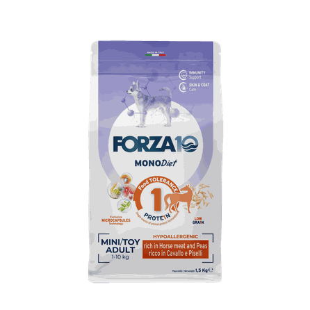 FORZA10 Monodiet Mini/Toy Adult Ar Zirgu Un Zirņiem, Suņiem sausā barība, 1.5 kg