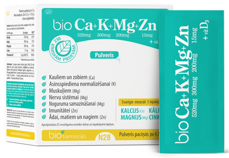 BIOFARMACIJA Bio CA+K+MG+ZN ar D3 vit. pulveris, 28 gab.