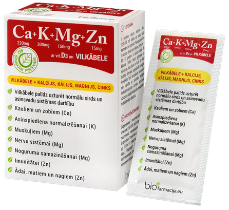 BIOFARMACIJA Ca+K+Mg+Zn ar vit.D3 un VILKĀBELI pulveris, 14 gab.