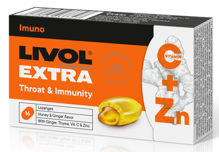 LIVOL  EXTRA Throat & Immunity Ginger-Honey pastilas, 16 gab.