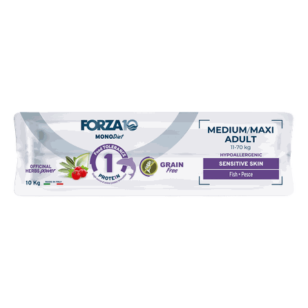 FORZA10 Monodiet Sensitive Skin Medium/Maxi Adult Ar Zivi, Suņiem sausā barība, 10 kg