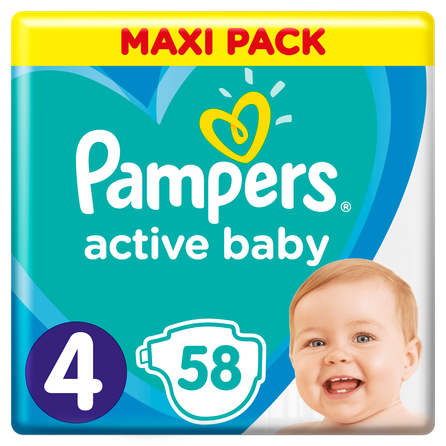 PAMPERS Active Baby 4 Maxi 9 - 14 kg autiņbiksītes, 58 gab.