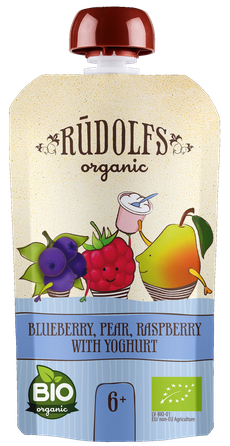 RŪDOLFS Черника, Груша, Малина С Йогуртом Органическое 6+ пюре, 110 г