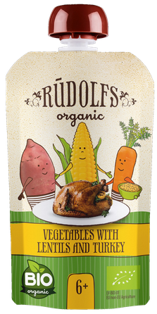 RŪDOLFS Овощи, Чечевица, Индейка БИО 6+ пюре, 110 г