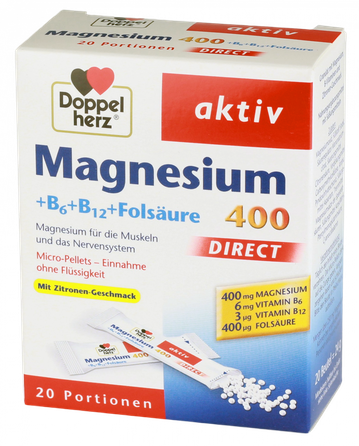 DOPPELHERZ Aktiv Magnesium 400 + B6 + B12 + Folsäure Direct paciņas, 20 gab.