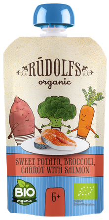 RŪDOLFS Сладкий Картофель, Брокколи, Морковь С Лососем BIO 6+ пюре, 110 г