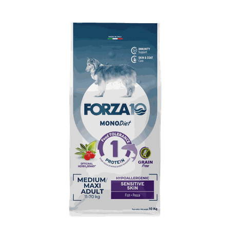 FORZA10 Monodiet Sensitive Skin Medium/Maxi Adult Ar Zivi, Suņiem sausā barība, 10 kg