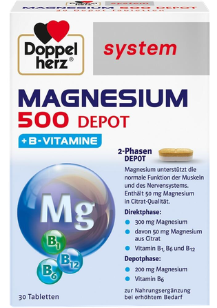 DOPPELHERZ System Magnesium 500 Depot + B vitamine tabletes, 30 gab.