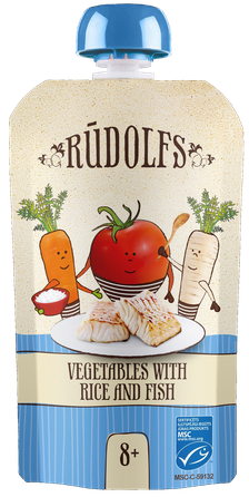 RŪDOLFS Овощи, Рис, Рыба БИО 8+ пюре, 110 г