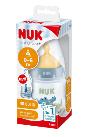 NUK First Choice+ Ar Temperatūras Kontroles Indikatoru Un Lateksa Knupi, 150 Ml (0-6 Mēn.), M Izmēra Atvere (piena Maisījumiem), Polipropelēna  pudelīte, 1 gab.