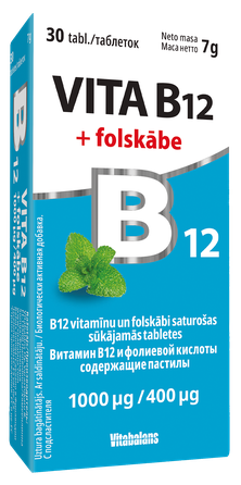 VITABALANS Vita B12 + folskābe 1000 µg /400 µg sūkājamās tabletes, 30 gab.