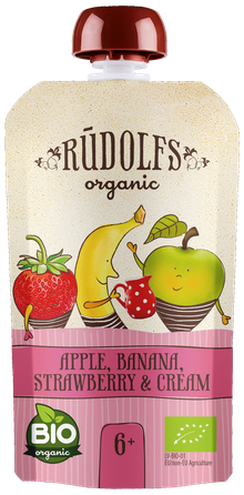 RŪDOLFS Ябдоко, Банан, Клубника Со Сливками Органическое 6+ пюре, 110 г