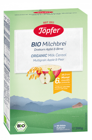 TOPFER Dažādu Graudu ar āboliem un bumbieriem no 6 mēn. Bio piena biezputra, 200 g