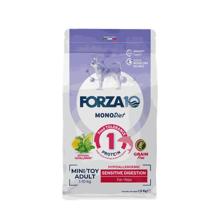 FORZA10 Monodiet Sensitive Digestion Mini/Toy Adult Ar Zivi, Suņiem sausā barība, 1.5 kg