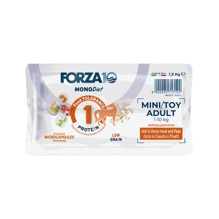 FORZA10 Monodiet Mini/Toy Adult Ar Zirgu Un Zirņiem, Suņiem sausā barība, 1.5 kg