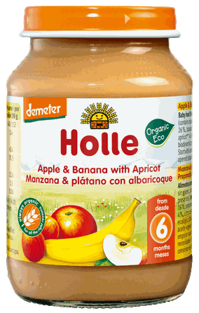 HOLLE Ābolu, banānu un aprikožu biezenis, 190 g
