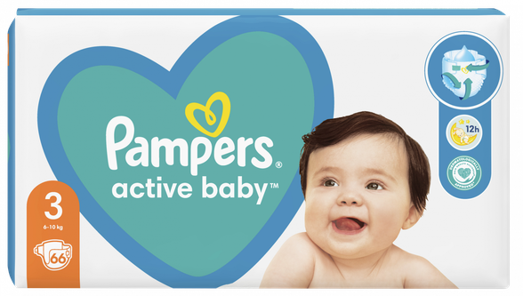 PAMPERS Active Baby Dry 3 (6-10 kg) autiņbiksītes  , 66 gab.