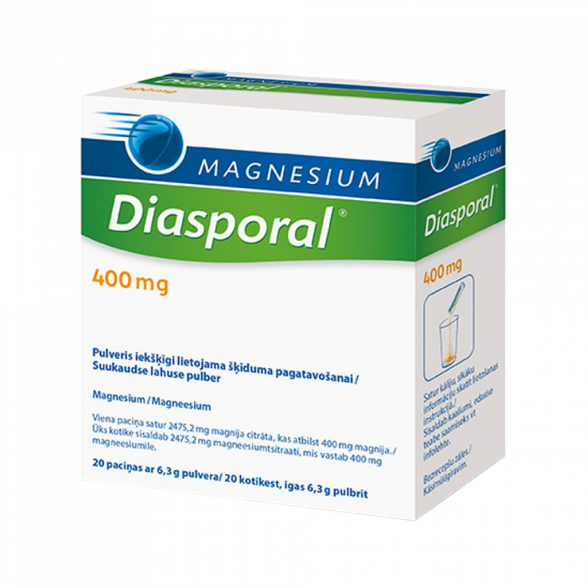 MAGNESIUM Diasporal 400 mg pulveris iekšķīgi lietojama šķīduma pagatavošanai, paciņas, 20 gab.